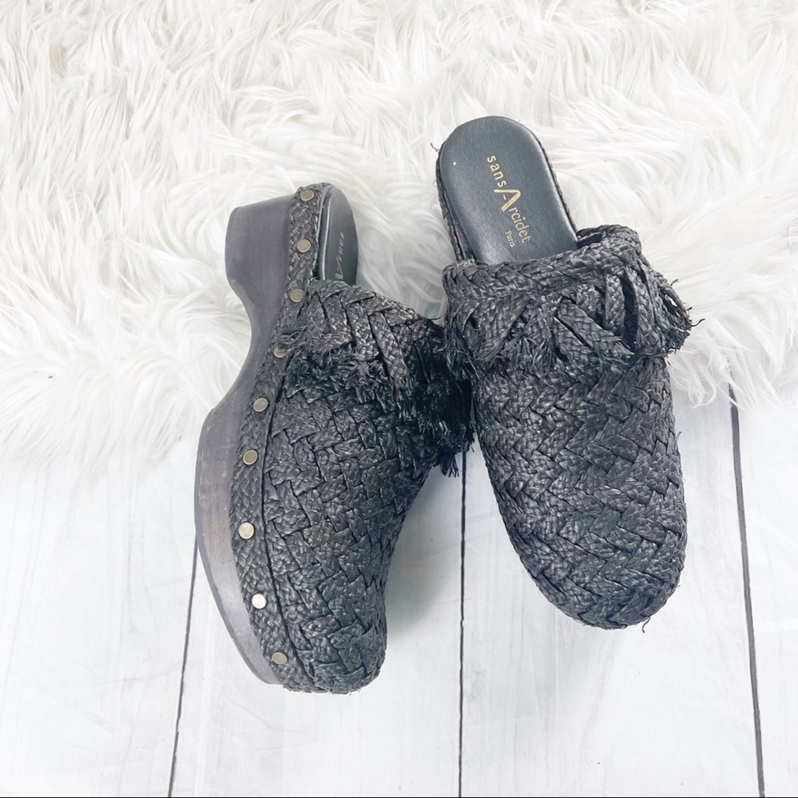 Sans Arcidet Women's Paris Black Rafia Fringe Clogs Open Back Size 41 — image 3 of 7